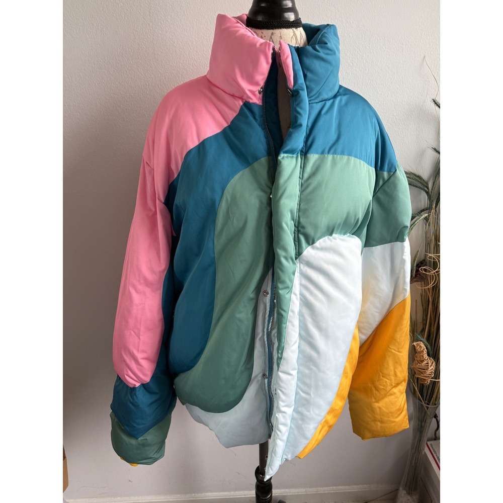 YITAI XL Oversized Puffer Jacket Color Block‎ Quilted High Collar Padded Coat